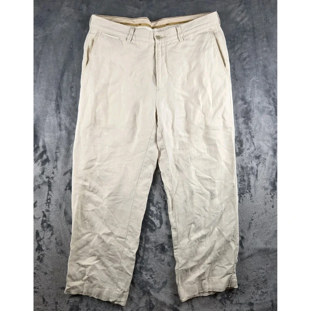Tommy Bahama Silk Linen Blend Khaki Pants Men's 34x30(35x28) Flat Front Hawaiian